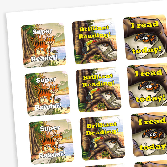 Square reward stickers, each featuring a jungle animal and a reading-themed message. Includes a toucan on a tree branch with the words 'Brilliant Reading'; a smiling spider on a leaf with the text I read today'; and a cheerful tiger with the phrase 'Super Reader'.
