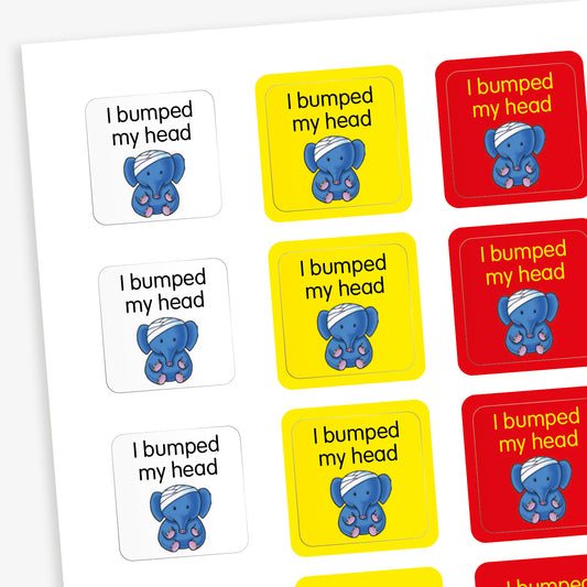 A sheet of square stickers in white, yellow, and red, each with the message 'I bumped my head' above an illustration of a sad blue elephant with a bandage on its head. These stickers are designed to alert parents or carers when a child has had a minor head injury at school or nursery.