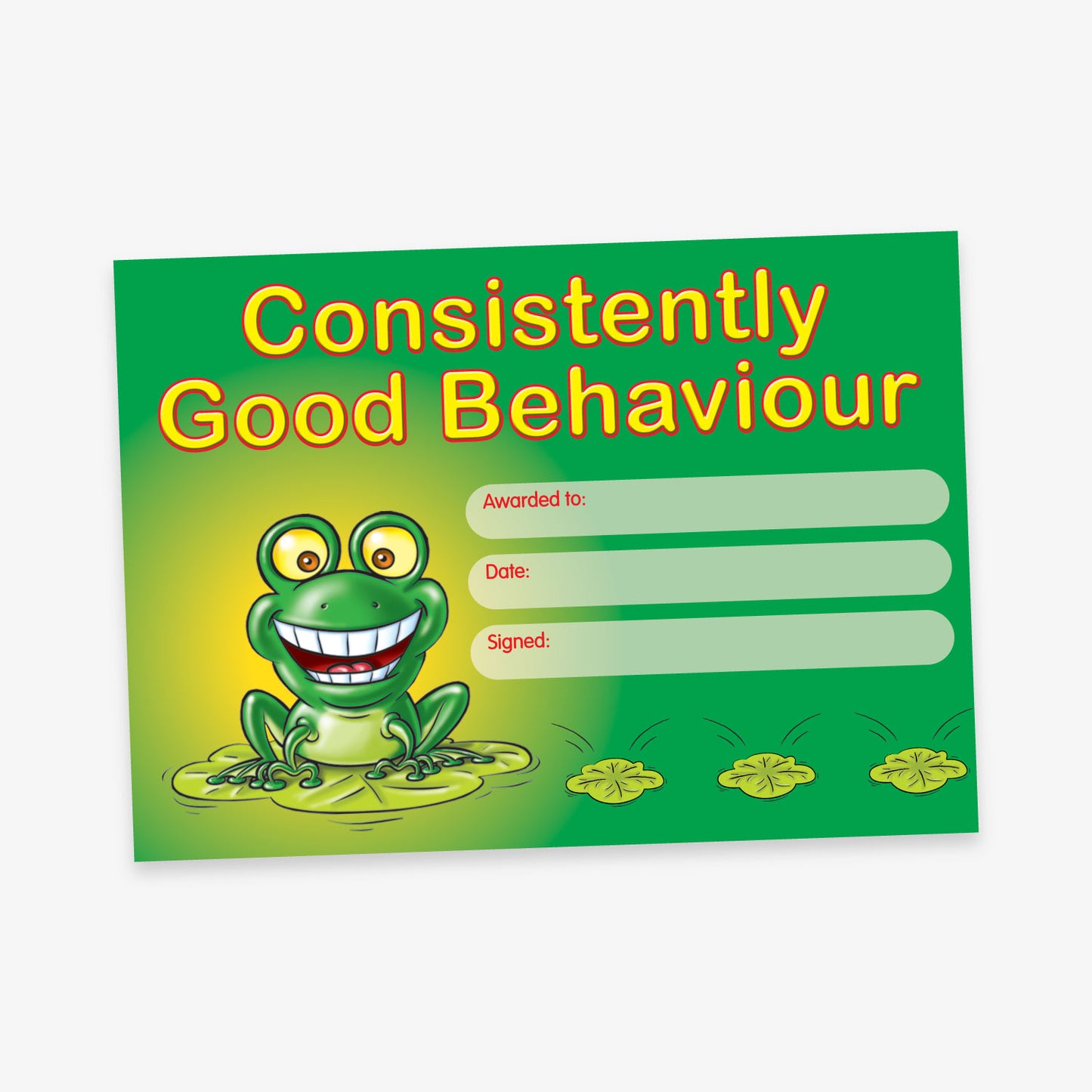 A bright green certificate with the title 'Consistently Good Behaviour' in bold yellow and red text. The design features a cheerful cartoon frog sitting on a lily pad, with additional lily pads leading to the right. There are blank fields labelled 'Awarded to:', 'Date:', and 'Signed:' for personalisation
