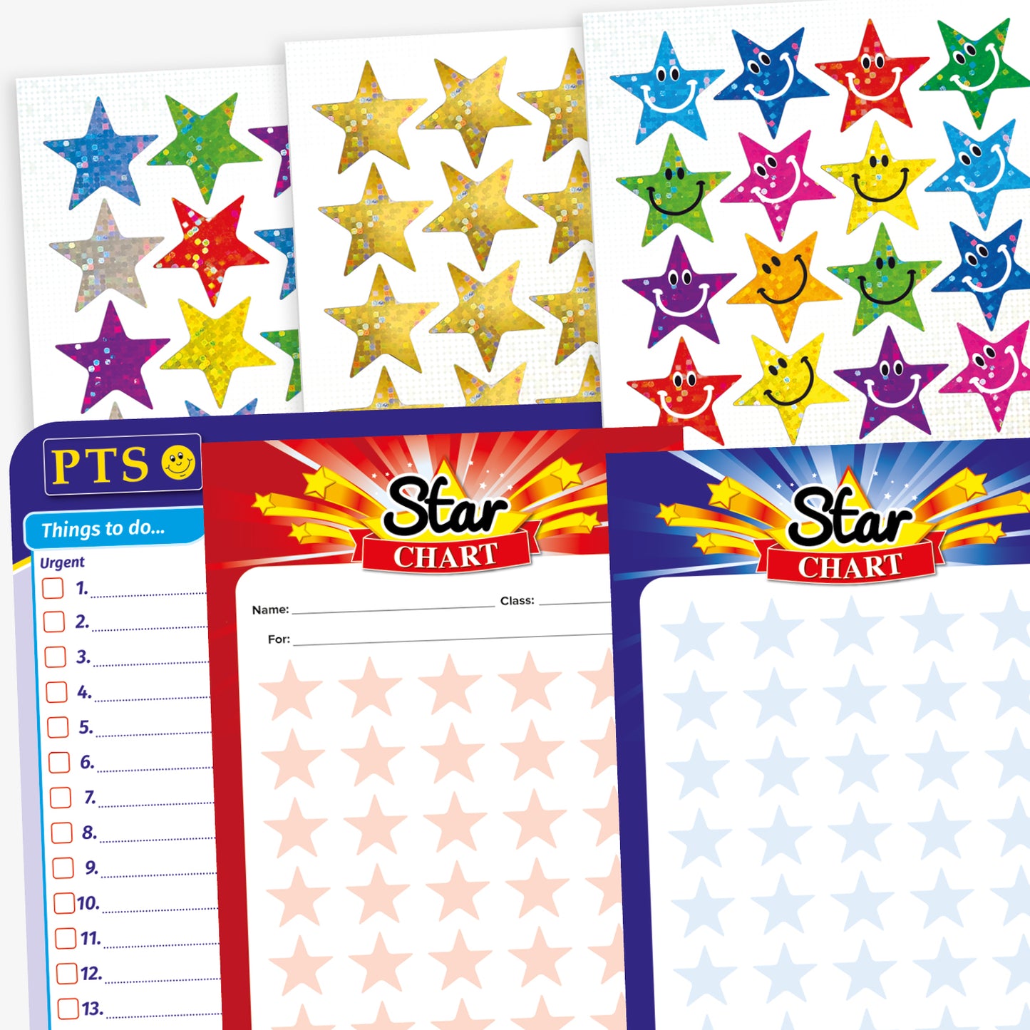 Double sided 'Star Chart' blue with star bursts on one side and red with various stars on the other side. The chart has a grid layout with alternating light blue and light yellow rows for writing pupil names and tracking progress or achievements with star shaped sticker spaces. Sheets of star stickers of varying colours and a whiteboard 'Things to Do'