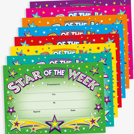 Set of colourful 'Star of the Week' certificates in various vibrant colours including green, yellow, red, blue, orange, and purple. Each certificate features a starburst design with space to write the recipient's name, reason for the award, location, signature, and date.