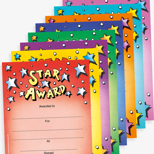 A colourful  'Star Award' certificates with a red background. The certificate is decorated with stars and white dots, and features comic-style text. There are blank lines for 'Awarded to', 'For', 'At', and 'Signed'