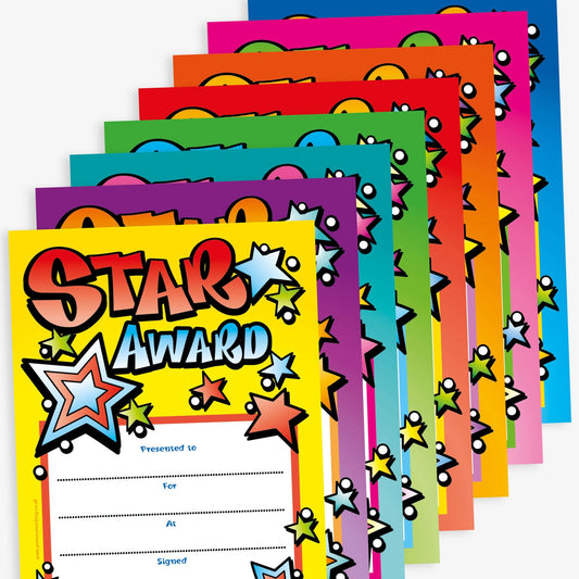 A set of colourful 'Star Award' certificates in a range of bright colours including yellow, purple, green, pink, orange, red, and blue. Each certificate features bold, comic-style text with star illustrations around the border. There are blank fields labelled 'Presented to', 'For', 'At', and 'Signed' for personalisation