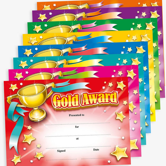 Certificates in various bold colours including cyan, magenta, yellow, green, red and purple, display the title 'Gold Award'. Designated spaces for the recipient's name, reason for the award, where received, date, and signature.  Each certificate has a gold trophy in the top left corner with a ribbon from each handle.  The centre replicates a starburst with stars eminating from it around the borders.