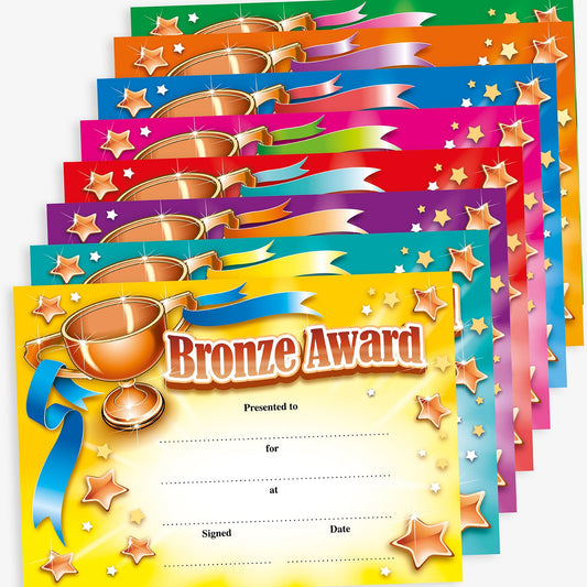 Certificates in various bold colours including cyan, magenta, yellow, green, red and purple, display the title 'Bronze Award'. Designated spaces for the recipient's name, reason for the award, where received, date, and signature.  Each certificate has a bronze trophy in the top left corner with a ribbon from each handle.  The centre replicates a starburst with stars eminating from it around the borders.