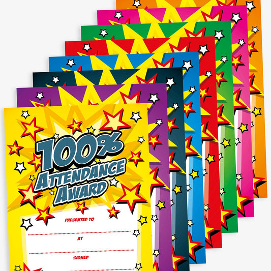 A set of vibrant '100% Attendance Award' portrait certificates in various colours including green, red, blue, and purple. Each certificate features bold text with star decorations and blank lines for the recipient’s name, reason, signature, and date.
