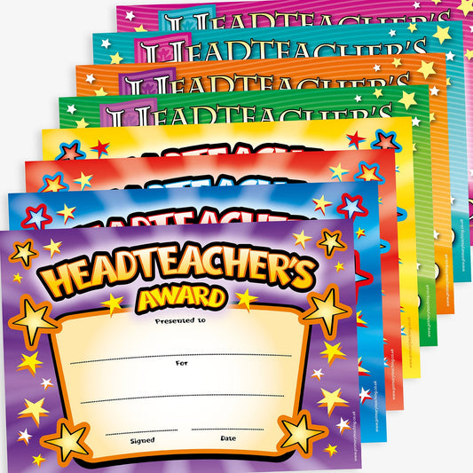 A5 Headteacher's Award certificates in various colours - purple, blue, red, yellow, green, orange, cyan and magenta. Each features the bold title 'Headteacher's Award' with star motifs and include spaces for 'Presented to', 'For', 'Signed', and 'Date' entries, designed to celebrate and acknowledge pupil achievements.