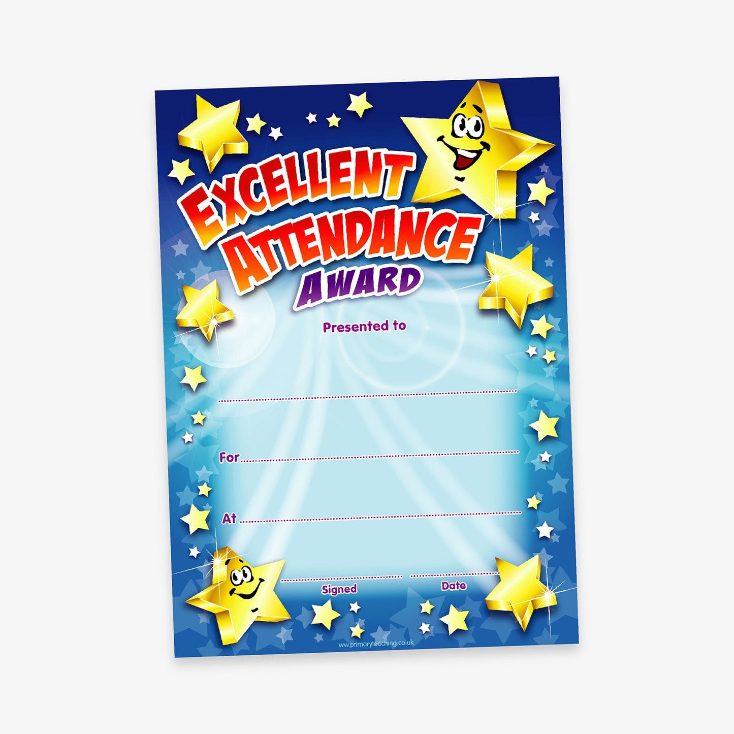 Blue spectrum A5 portrait award certificate with the phrase 'EXCELLENT ATTENDANCE AWARD' in bold red and purple letter. The background features and array of stars, overlaids with smiling gold stars. Includes blank fields labelled 'Presented to', 'For', 'At', 'Signed:', and 'Date:' for recipient details.