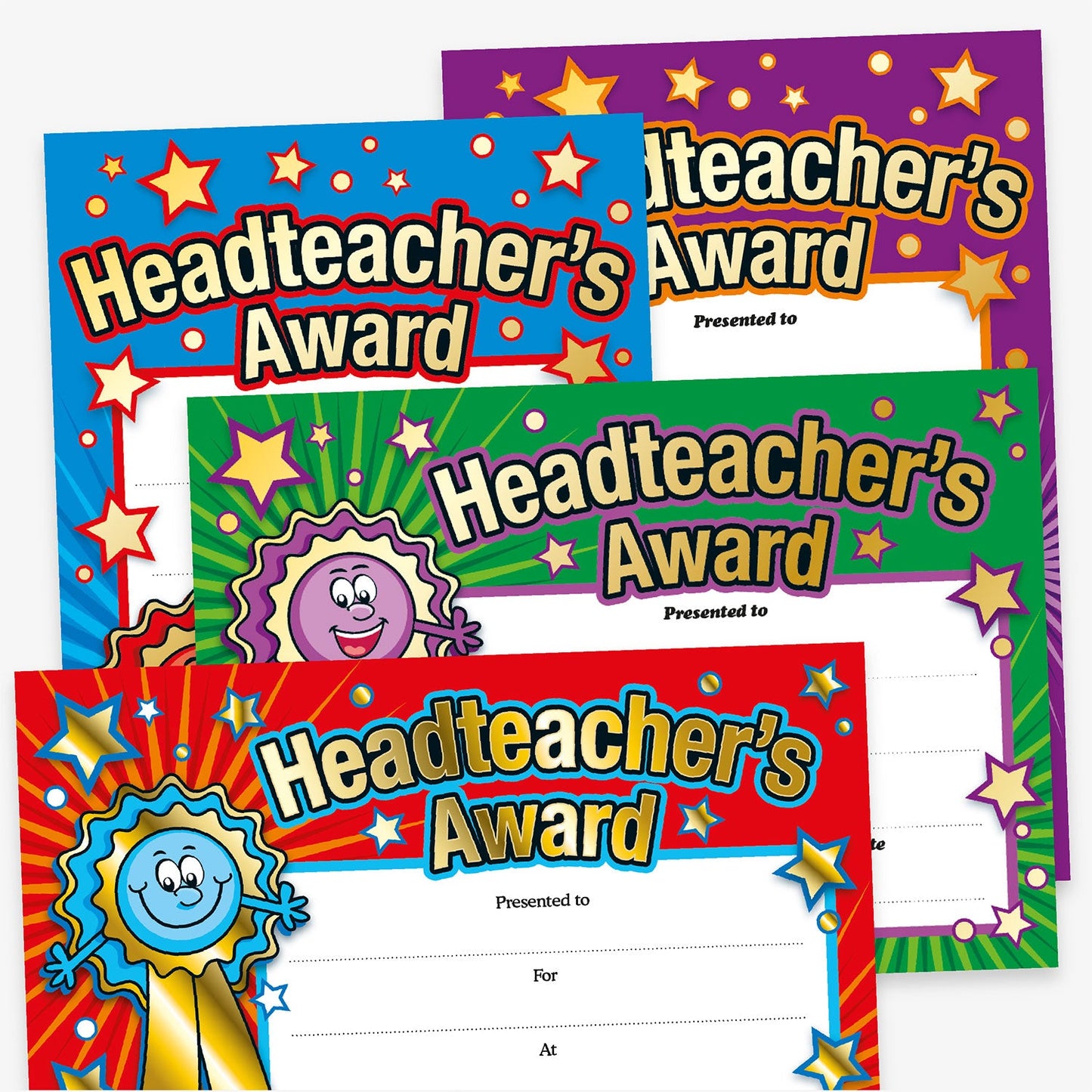 A colourful assortment of 'Headteacher's Award' certificates featuring vibrant starburst backgrounds in blue, purple, green, and red. Each certificate includes cheerful cartoon characters with rosettes and has designated spaces for the recipient's name, reason for the award, and other details.