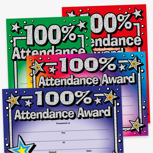 A set of vibrant '100% Attendance Award' certificates in various colours including green, red, blue, and purple. Each certificate features bold holographic text with star decorations and blank lines for the recipient’s name, reason, signature, and date.