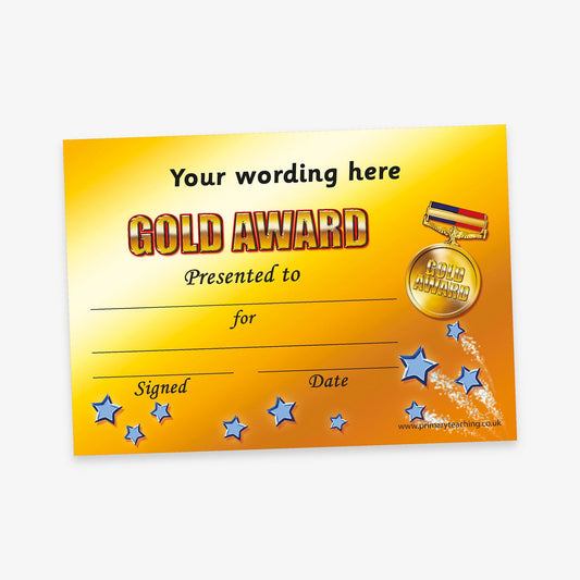 Gold Award certificate with a gold gradient background. The title 'GOLD AWARD' is in large gold block letters with red keyline. Above this is placeholder text 'Your wording here' for customisation.  Below are blank lines for 'Presented to', 'For', 'Signed', and 'Date'. Decorative elements include a medal with 'GOLD AWARD', a ribbon, and pale blue stars scattered across the bottom and right side