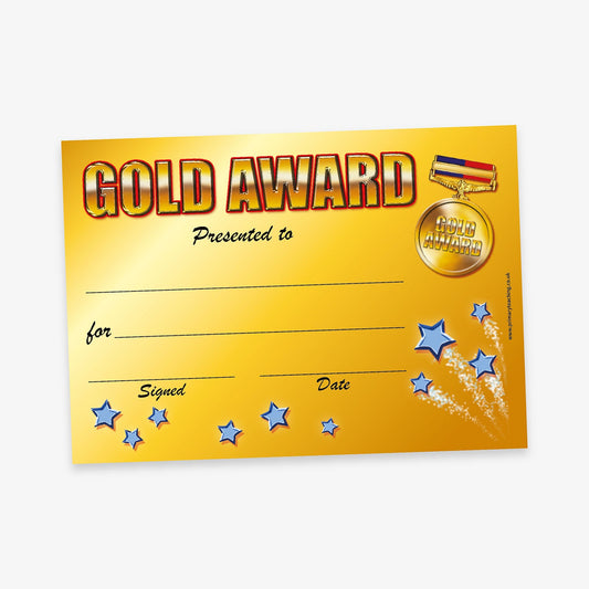 Gold Award certificate with a gold gradient background. The title 'GOLD AWARD' is in large gold block letters with red keyline. Below are blank lines for 'Presented to', 'For', 'Signed', and 'Date'. Decorative elements include a medal with 'GOLD AWARD', a ribbon, and pale blue stars scattered across the bottom and right side