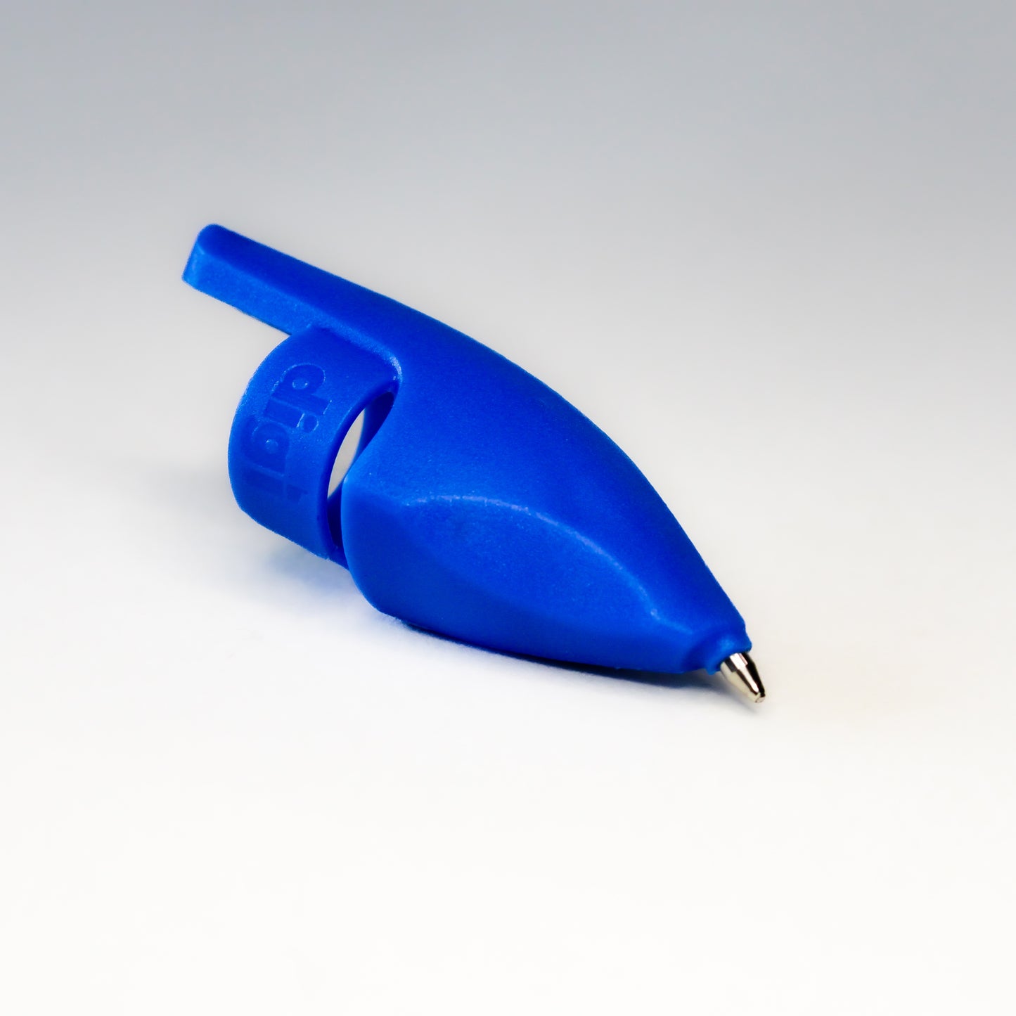 A blue plastic finger pen, designed to give almost direct contact with paper when writing.