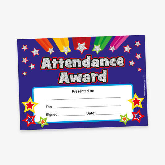 Attendance Award' certificate with a dark blue background, holographic text, and rainbow-coloured beams at the top. The design features silver and multicoloured stars, with a white section containing blank lines for the recipient’s name, reason, signature, and date.