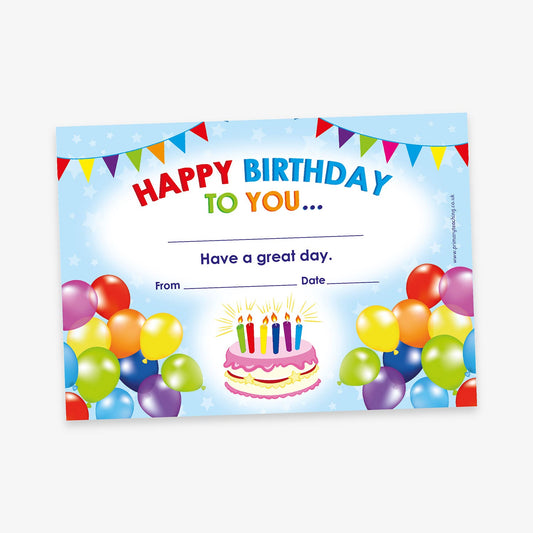 A jellybean scented, cheerful birthday certificate with a light blue background decorated with stars and colourful bunting across the top. The title reads 'Happy Birthday to You…' in bold rainbow-coloured letters. Beneath, it says 'Have a great day.' There are blank lines for 'From' and 'Date'. The bottom features a birthday cake with five lit candles and is surrounded by bright, multicoloured balloons on either side.
