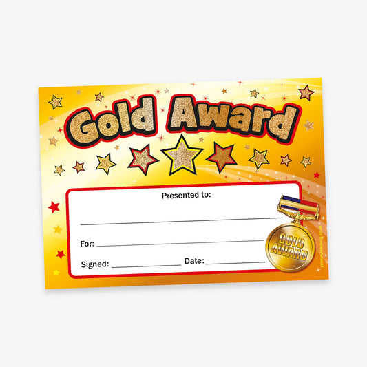 An A5-sized certificate with a holographic gold background, featuring the bold title 'Gold Award' at the top, surrounded by stars, and designated spaces below for 'Presented to', 'For', 'Signed', and 'Date' entries.