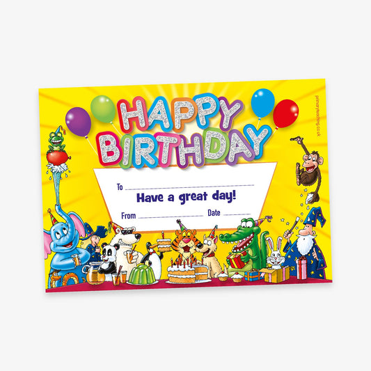 Birthday certificate with a bright yellow background and cartoon animals celebrating. At the top, large holographic letters spell 'Happy Birthday' surrounded by balloons. Below, there is a white area with text that reads: 'To ________, Have a great day! From ________, Date ________'. The card features animals including an elephant, a crocodile, a lion, a penguin, a monkey, and a dog, all involved in party activities with cakes, gifts, and party hats.