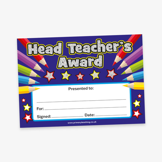 Head Teacher’s Award' certificate with a dark blue background, holographic text, and colourful pencil and star illustrations. The certificate includes blank fields labelled 'Presented to', 'For', 'Signed', and 'Date'.