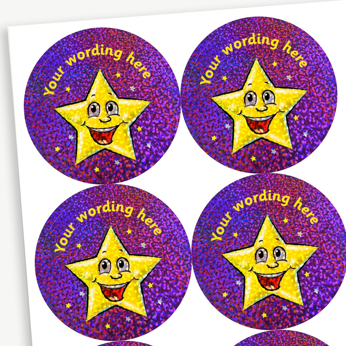Sheet of round, holographic purple stickers, each featuring a cartoon smiling gold star at the centre. Surrounding the star is placeholder text reading 'Your wording here' above and below, indicating customisable areas for personalised messages