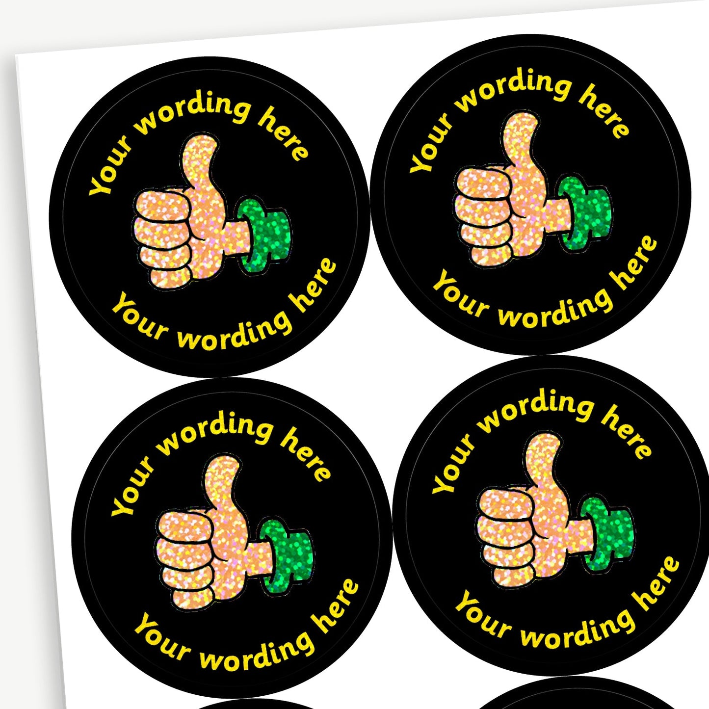 Sheet of round personalised stickers featuring a holographic thumbs up against a black background; includes customisable yellow text above and below the image.