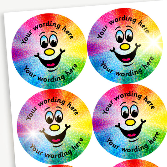 Circular reward stickers with a holographic rainbow background. Each sticker features a smiling cartoon face with wide eyes and a red tongue. The placeholder text 'Your wording here' is curved along the top and bottom edges for customisation.