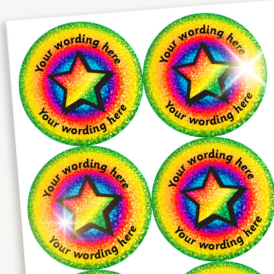 Circular reward stickers with a holographic rainbow background. Each sticker features a rainbow star at the centre. The placeholder text 'Your wording here' is curved along the top and bottom edges for customisation.