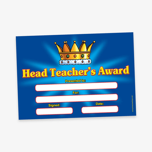 A brightly coloured 'Head Teacher’s Award' certificate with a large golden crown graphic at the top. The certificate has blank spaces to fill in the recipient’s name, the reason for the award, the signature of the person awarding it, and the date. The background is a vivid blue with a radiant glow effect behind the text.