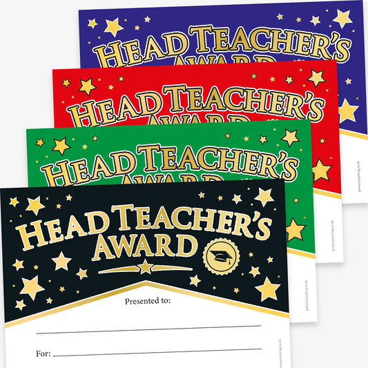 A set of colourful 'Head Teacher's Award' certificates in purple, red, green, and black. Each certificate features bold gold text with star decorations and a space at the bottom for the recipient's name and award details.