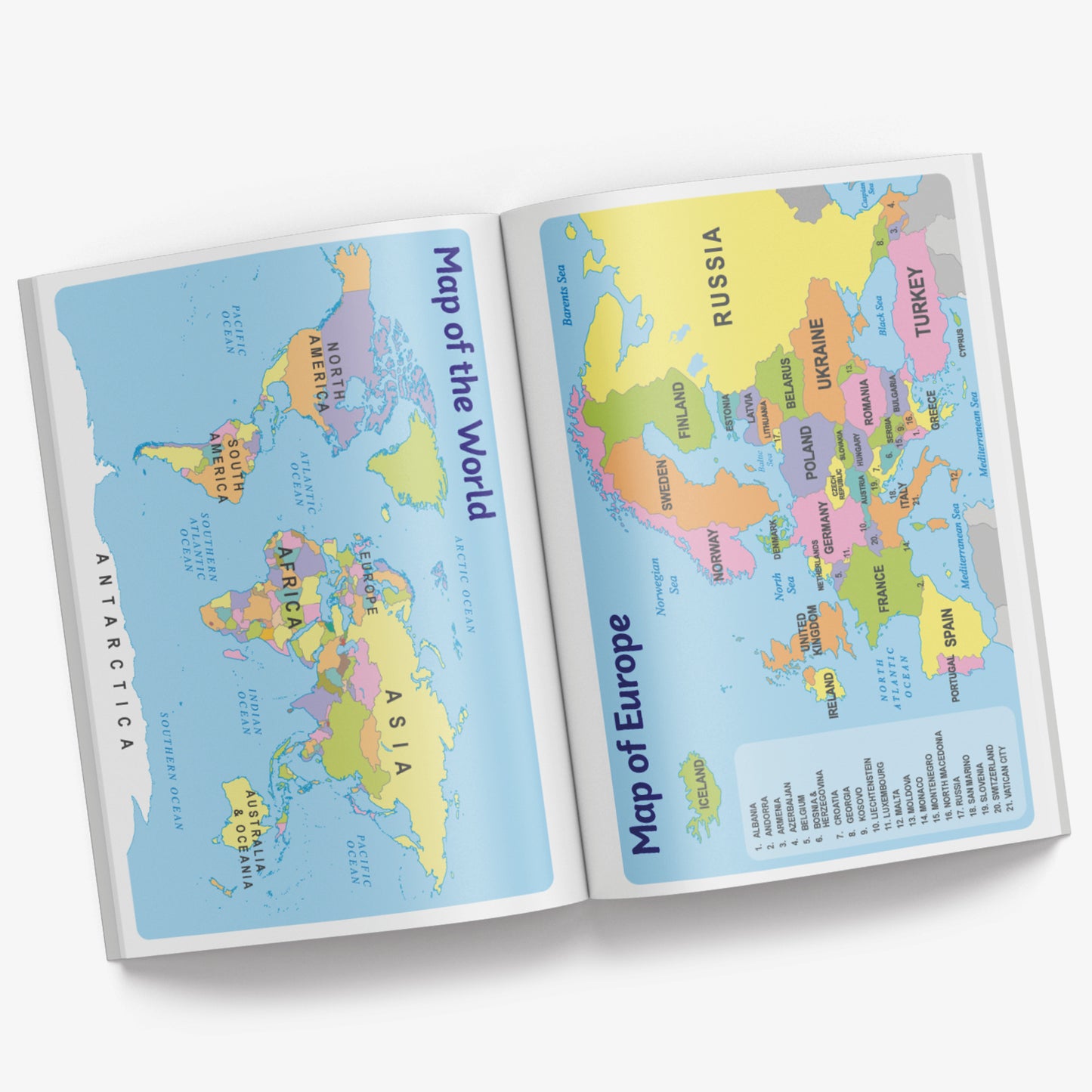 Inside pages of book with a Map of the World on the left page and Map of Europe on the right page