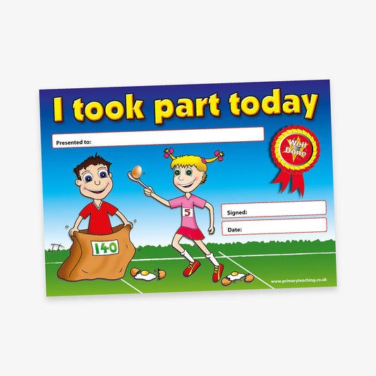 A colourful participation certificate with the title 'I took part today' in bold yellow and red letters at the top. The background shows a sports day scene with a boy in a sack race and a girl running with a spoon and egg. A red ribbon rosette reads 'Well Done!'. Blank spaces are provided for 'Presented to:', 'Signed:', and 'Date:'. The grass and sky create a lively, outdoor atmosphere.