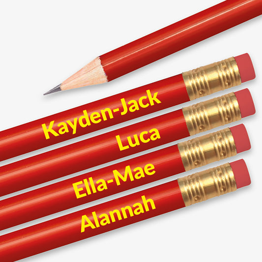 Personalised red HB pencil with customisable text along the barrel, available in 13 vibrant colours, complete with eraser, designed for classroom rewards or promotional use.