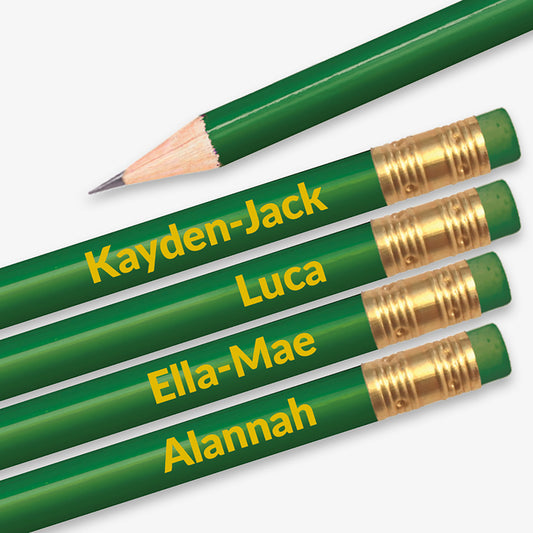 Personalised green HB pencil with customisable text along the barrel, available in 13 vibrant colours, complete with eraser, designed for classroom rewards or promotional use.