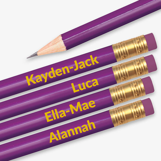 Personalised purple HB pencil with customisable text along the barrel, available in 13 vibrant colours, complete with eraser, designed for classroom rewards or promotional use.