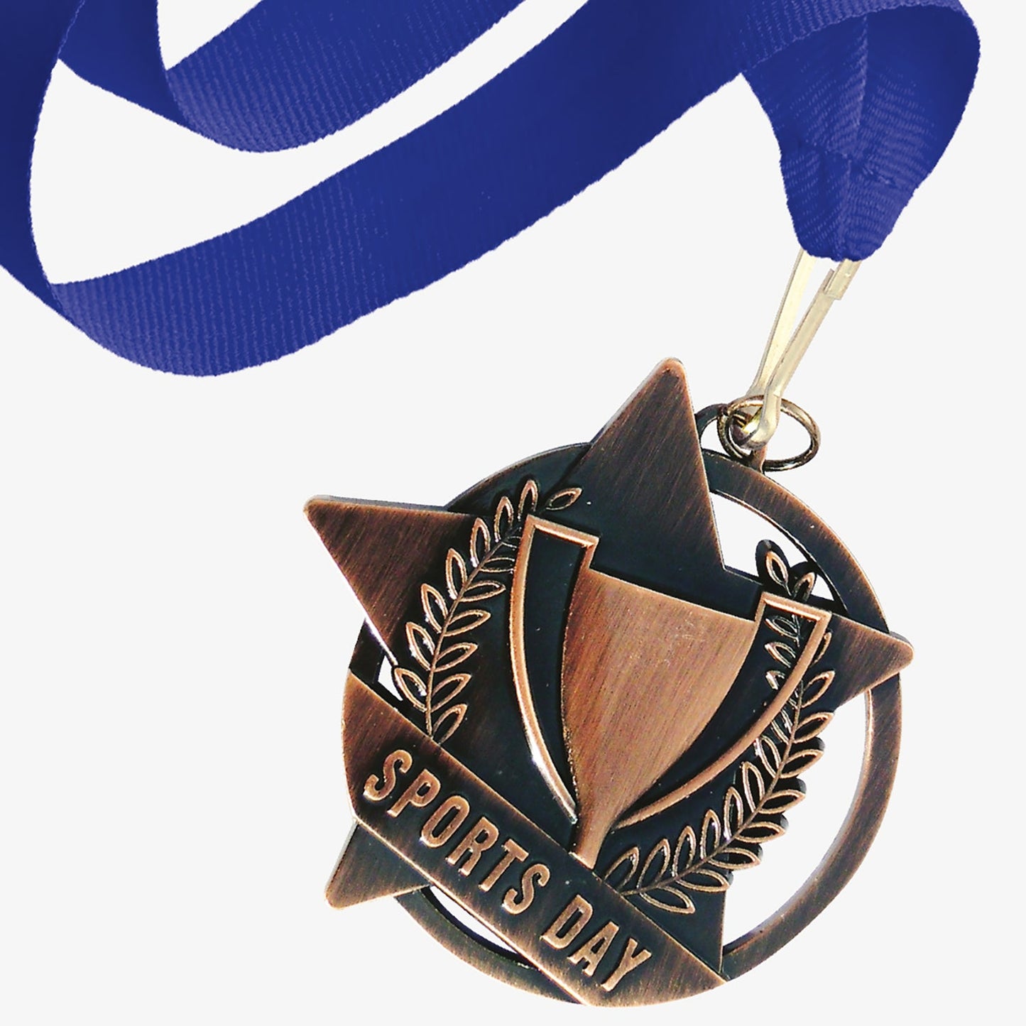 Bronze-coloured Sports Day medal featuring a trophy design with laurel leaves and a star background. The words 'SPORTS DAY' are engraved across the front. The medal is attached to a royal blue ribbon with a metal clip.