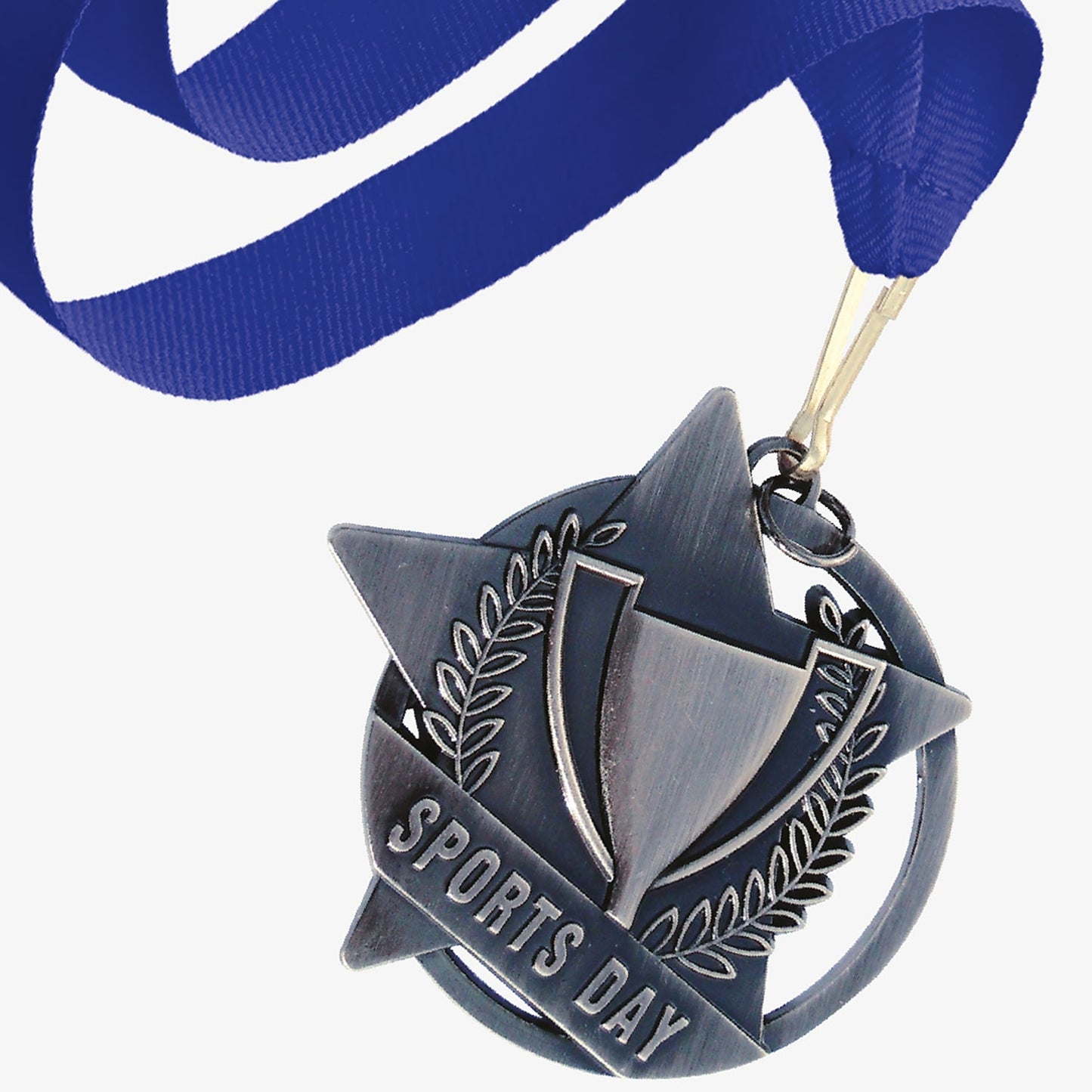 Silver-coloured Sports Day medal featuring a trophy design with laurel leaves and a star background. The words 'SPORTS DAY' are engraved across the front. The medal is attached to a royal blue ribbon with a metal clip.