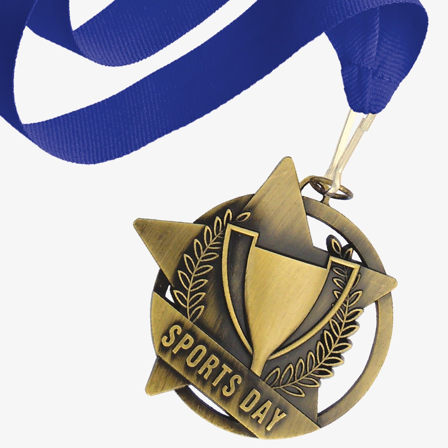 Gold-coloured Sports Day medal featuring a trophy design with laurel leaves and a star background. The words 'SPORTS DAY' are engraved across the front. The medal is attached to a royal blue ribbon with a metal clip.