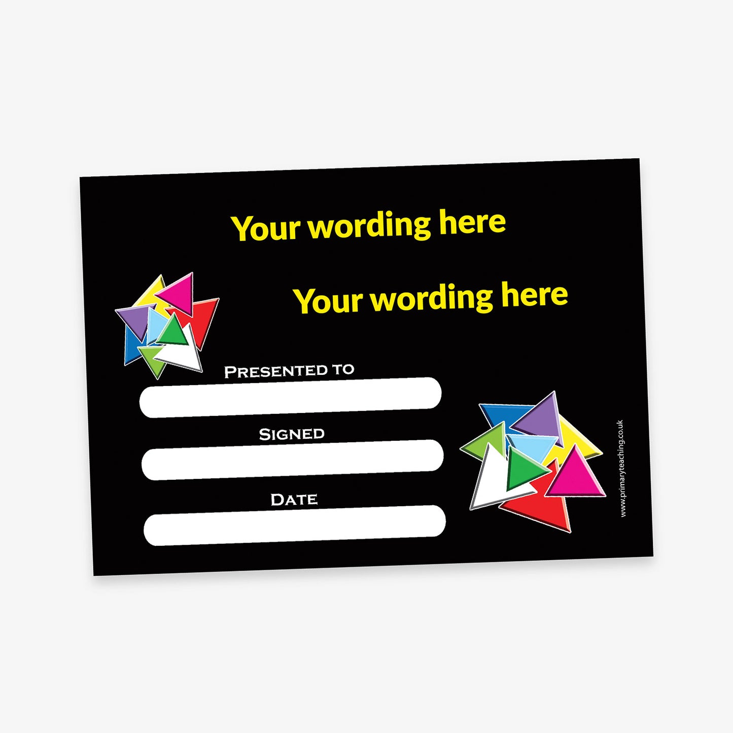A bold award certificate with a black background and placeholders reading 'Your wording here' in bright yellow text. There are three white rounded rectangles labelled 'Presented to', 'Signed', and 'Date' for personalisation. Colourful layered star shapes in red, green, blue, purple, and yellow are positioned at the top left and bottom right corners for decoration.