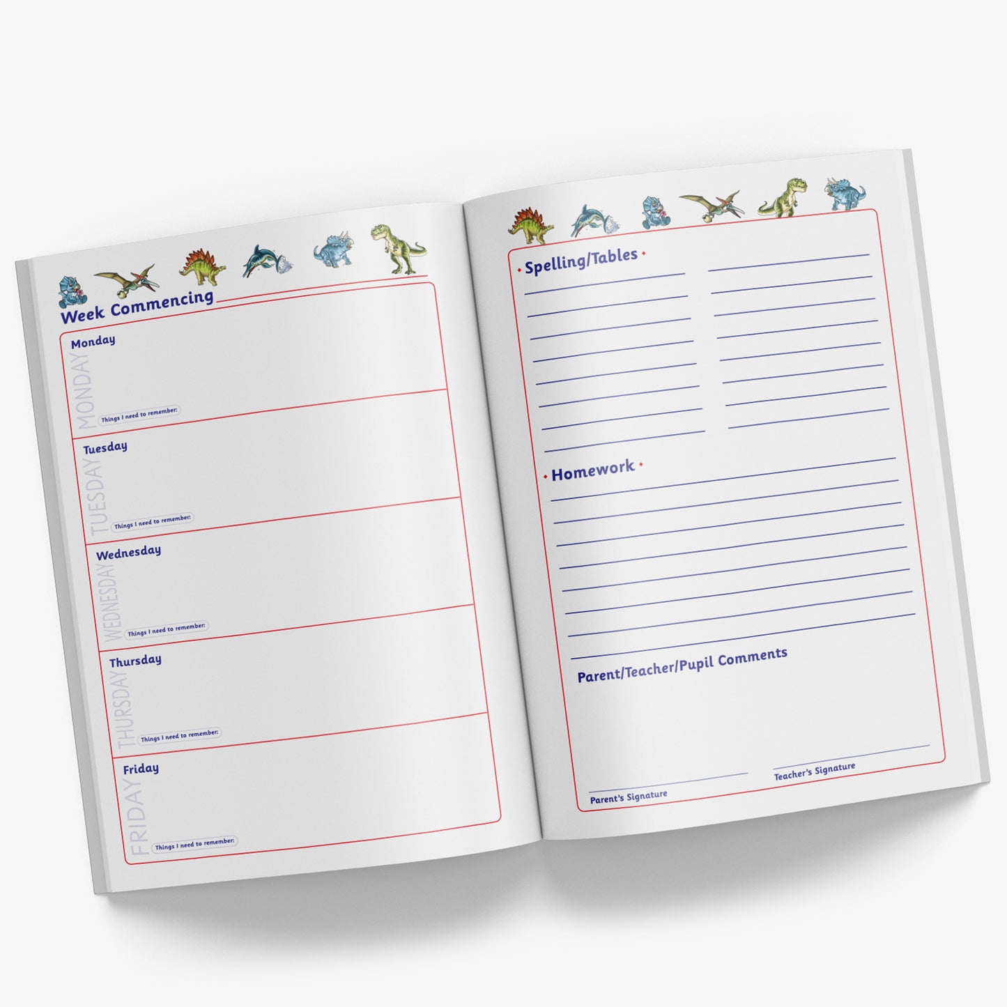 Inside pages of book with a space for each weekday on the left page and on the right page space for 'Spelling / Tables', 'Homework' and space for Parent/Teacher/Pupil comments with signature spaces for the parent and teacher to sign.