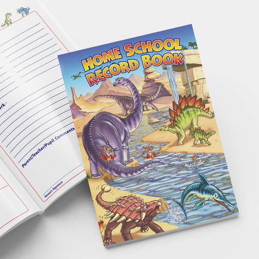 Illustrated cover of a 'Home School Record Book' featuring colourful cartoon dinosaurs by a river in a desert landscape. Dinosaurs include a purple Brachiosaurus, green Stegosaurus, red Pteranodon, and others. The open book beside it displays a lined page with sections labelled for pupil and parent/teacher comments.