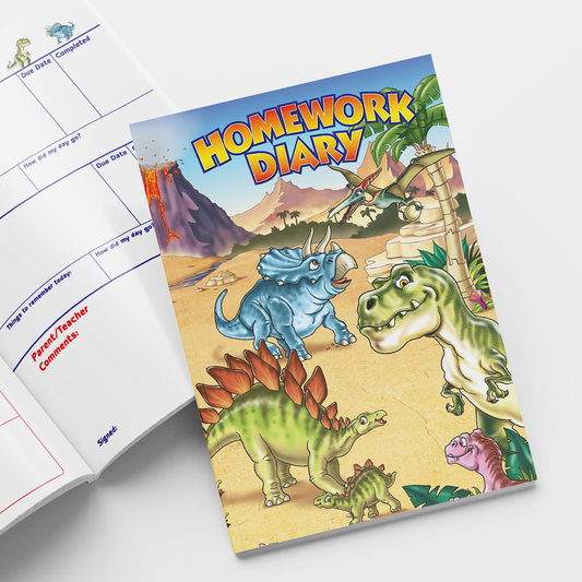 Illustrated cover of a 'Homework Diary' featuring colourful cartoon dinosaurs in a desert landscape.