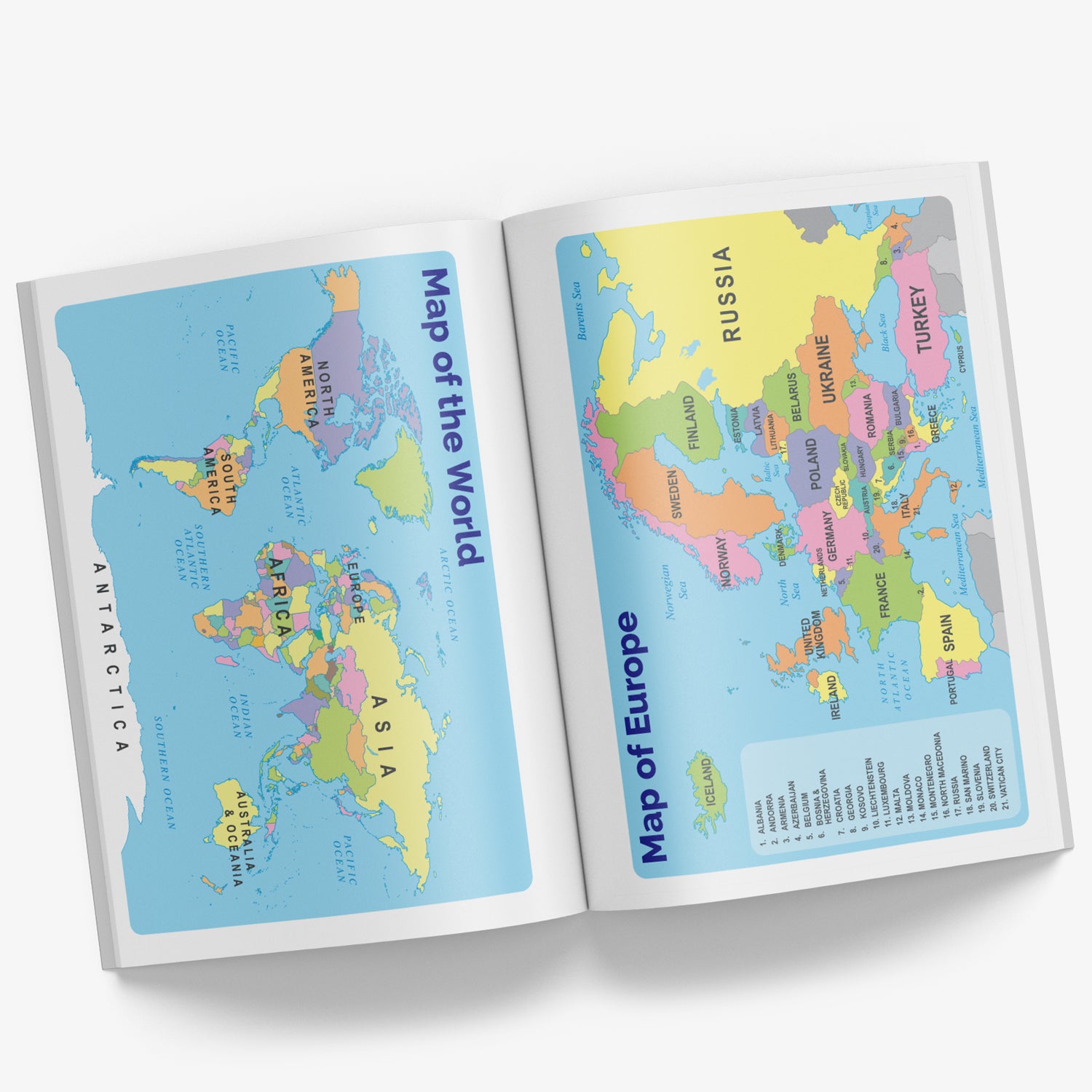 Inside pages of book with a Map of the World on the left page and Map of Europe on the right page