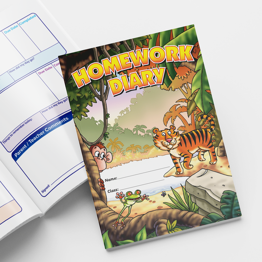 A colourful jungle-themed 'Homework Diary' booklet for pupils. The front cover features animated characters including a smiling tiger, a worm peeking out from behind a tree, and a frog sitting on a rock. The background shows a dense jungle scene. There are labelled spaces on the cover for writing the pupil's name and class. The inside pages include structured sections for recording homework tasks and comments from parents or teachers.
