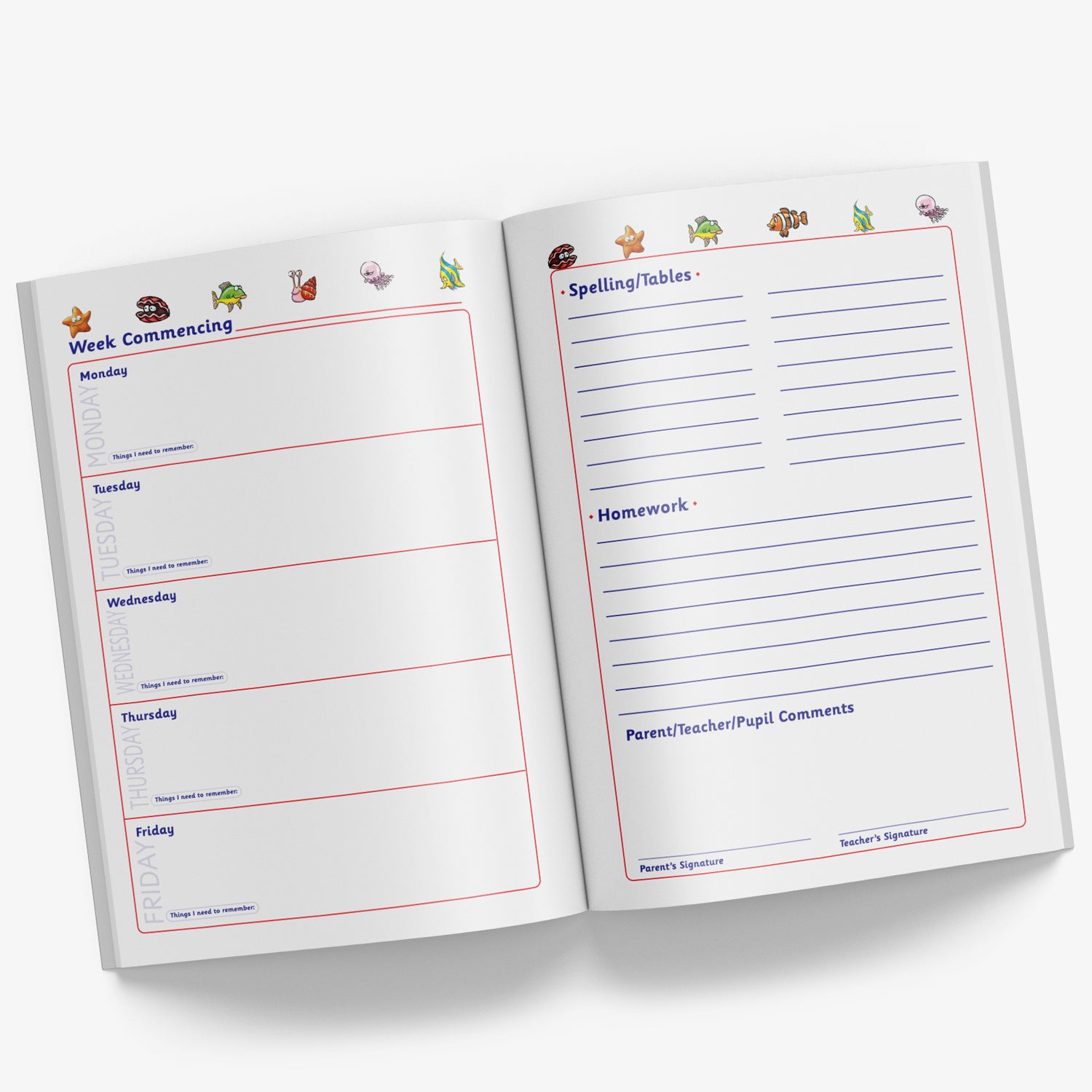 Inside pages of book with a space for each weekday on the left page and on the right page space for 'Spelling / Tables', 'Homework' and space for Parent/Teacher/Pupil comments with signature spaces for the parent and teacher to sign.
