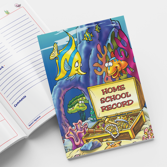 Underwater-themed 'Home School Record' book cover featuring colourful cartoon sea creatures, coral, and a treasure chest with the title written on it. Fish and a turtle surround the treasure in a lively ocean scene. An open page beside it includes lined sections for parent/teacher comments and weekly notes.