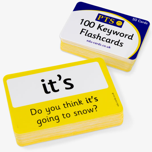 A set of 100 laminated flashcards, each measuring 86mm by 54mm, featuring high-frequency English words in large, clear black text on a white background; designed to support early literacy development by enhancing word recognition and reading fluency in educational settings
