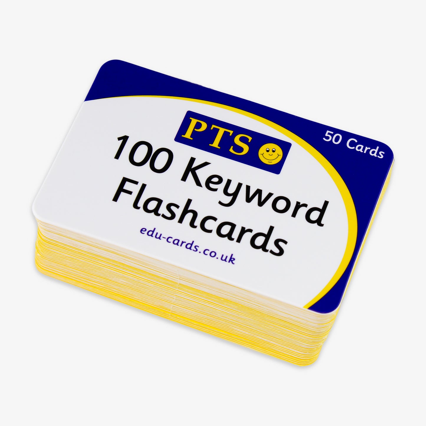 A set of 100 laminated flashcards, each measuring 86mm by 54mm, featuring high-frequency English words in large, clear black text on a white background; designed to support early literacy development by enhancing word recognition and reading fluency in educational settings