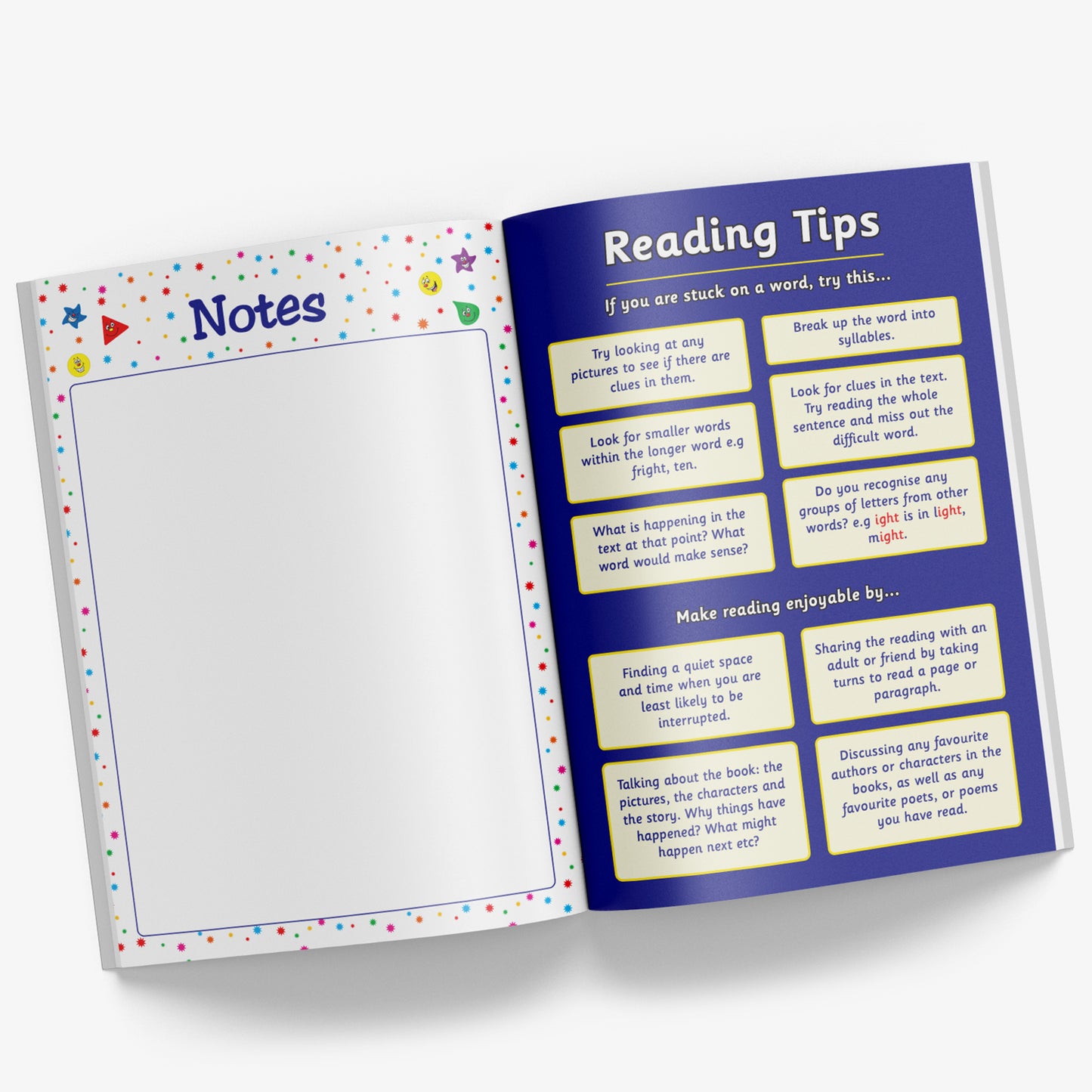Internal pages of reading record book showing 'Reading Tips' page highlighting things to do if stuck on a word and how reading can be made more enjoyable; and a further page for making notes bordered by a colourful spot design.
