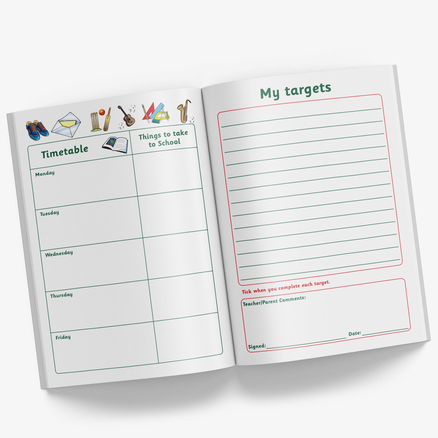 Internal pages of reading record book showing 'My Targets' page and a page with the weekdays in boxes for writing a timetable and a column of 'Things to take to School' on each day.