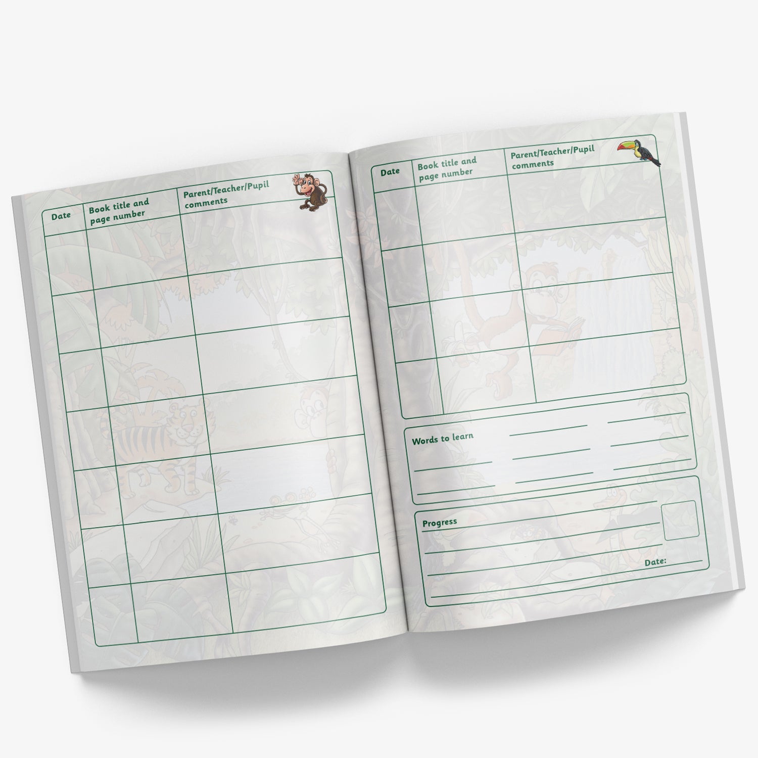 Internal pages of reading record book with space for Date, Book Title and Page Number and Parent/Teacher/Pupil comments