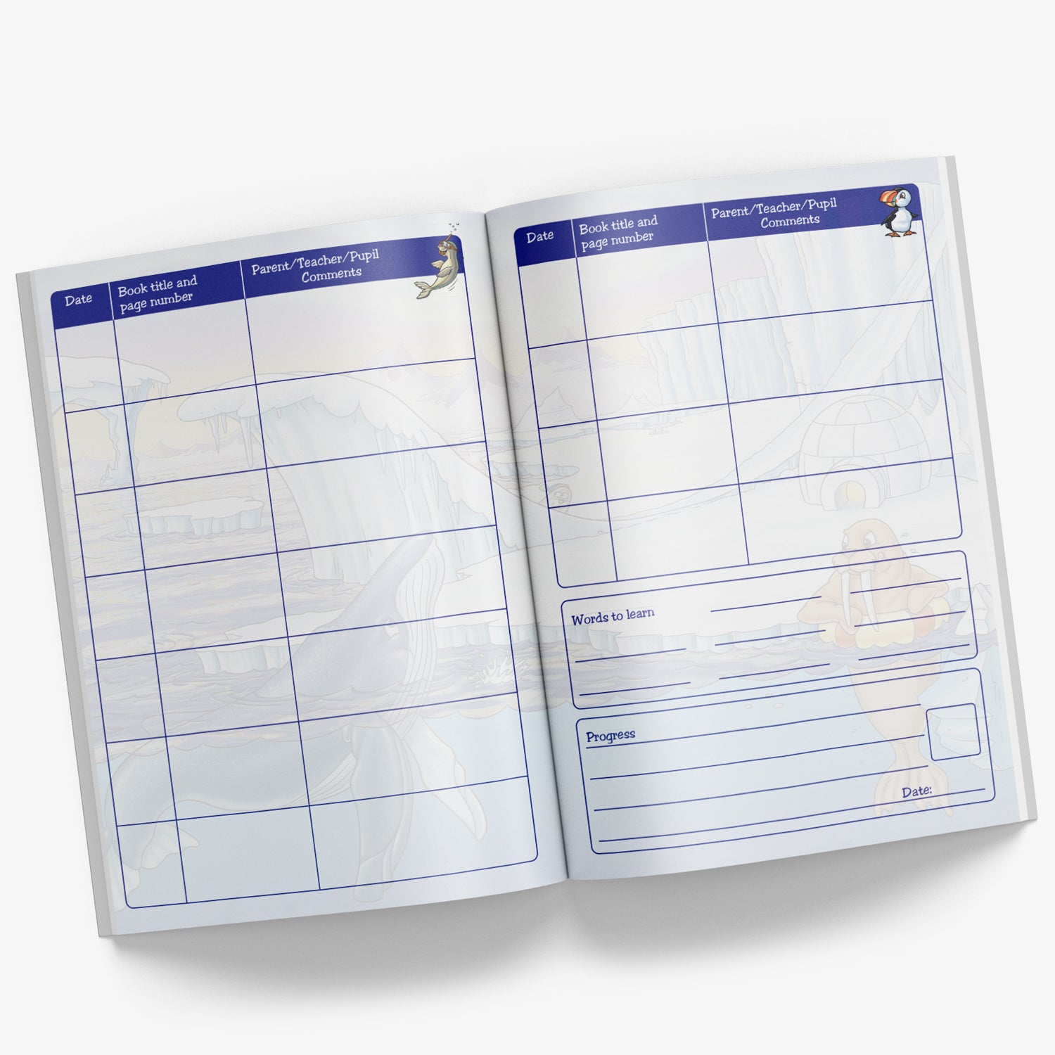 Internal pages of reading record book with space for Date, Book Title and Page Number and Parent/Teacher/Pupil comments